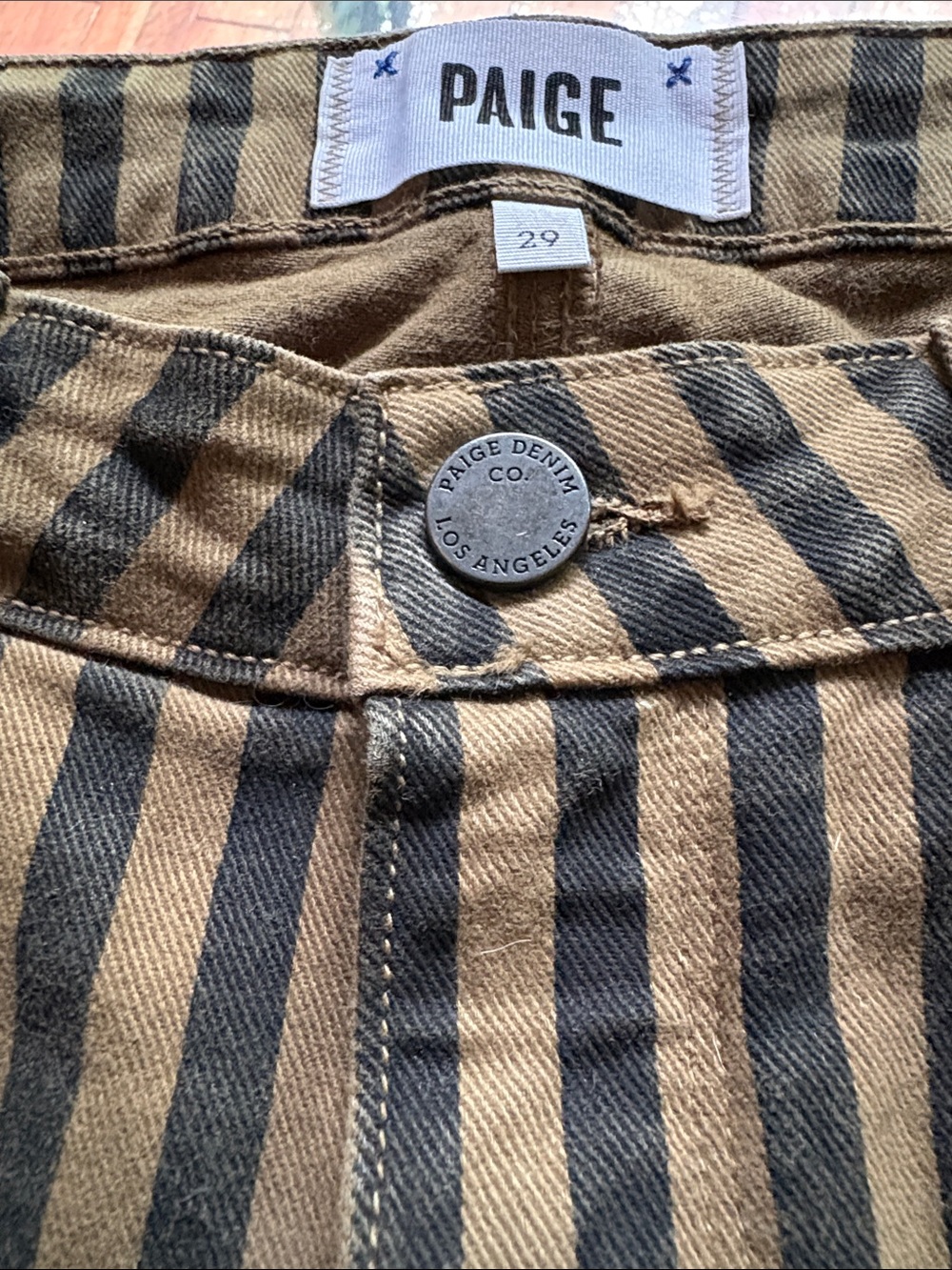 PAIGE Black and Olive Vertical Stripe Jeans, size 29
